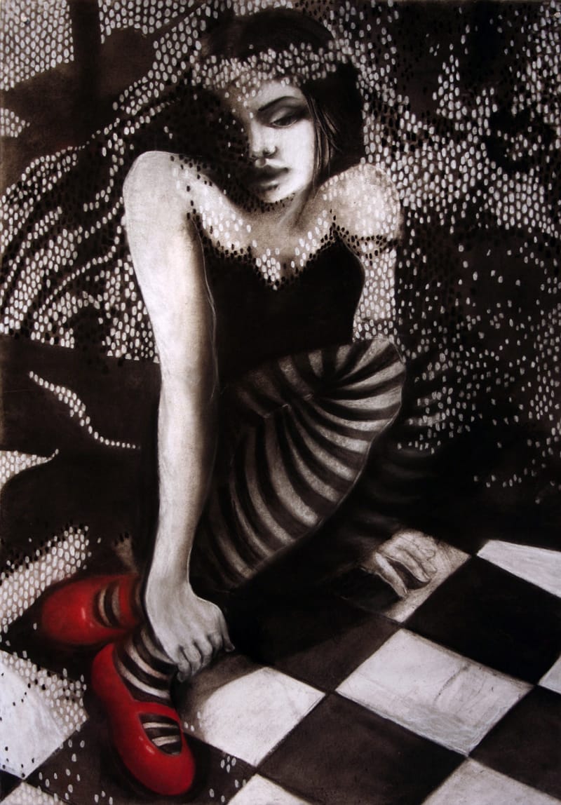 a charcoal drawing of a woman who cannot remove her gaze from the red shoes on her feet