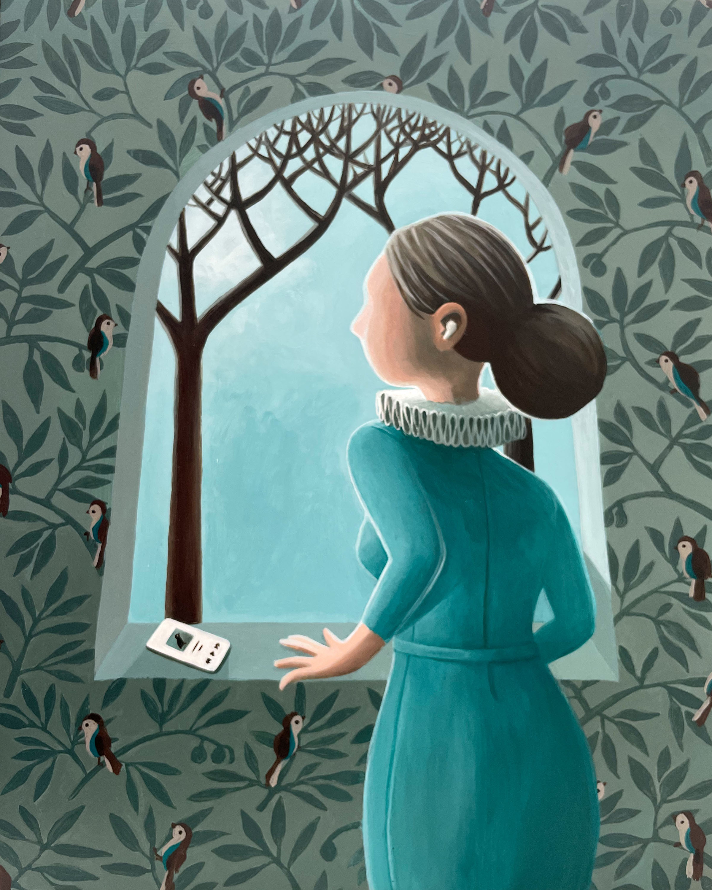 a woman stands in the window and listens to birdsongs playing from her iPhone