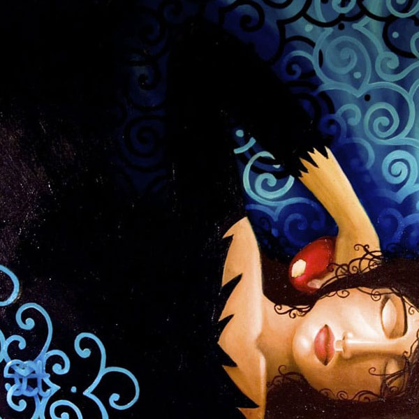 Snow White and her apple lying on a bed of pattern