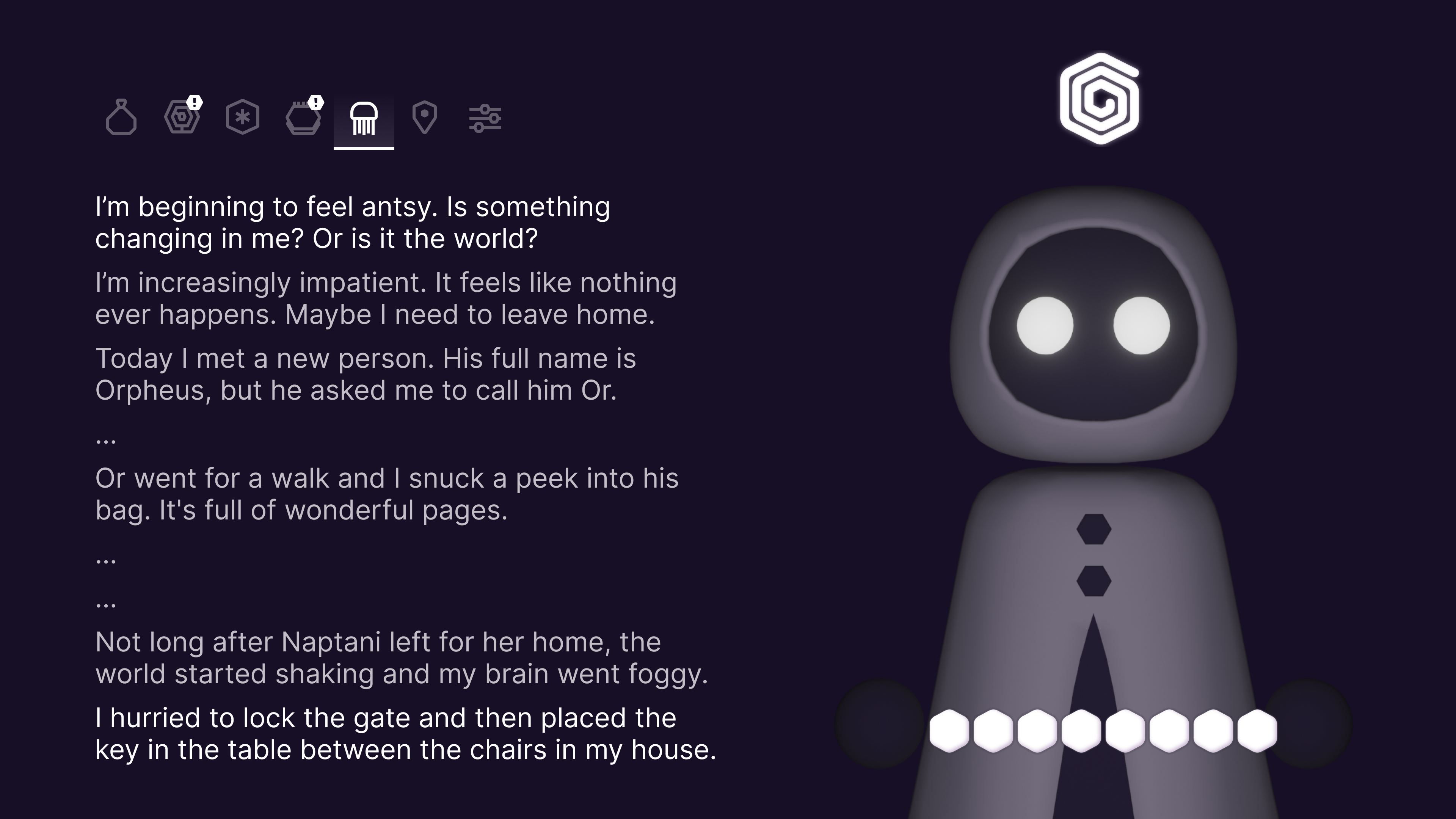 An inventory user interface with a list of text representing memories