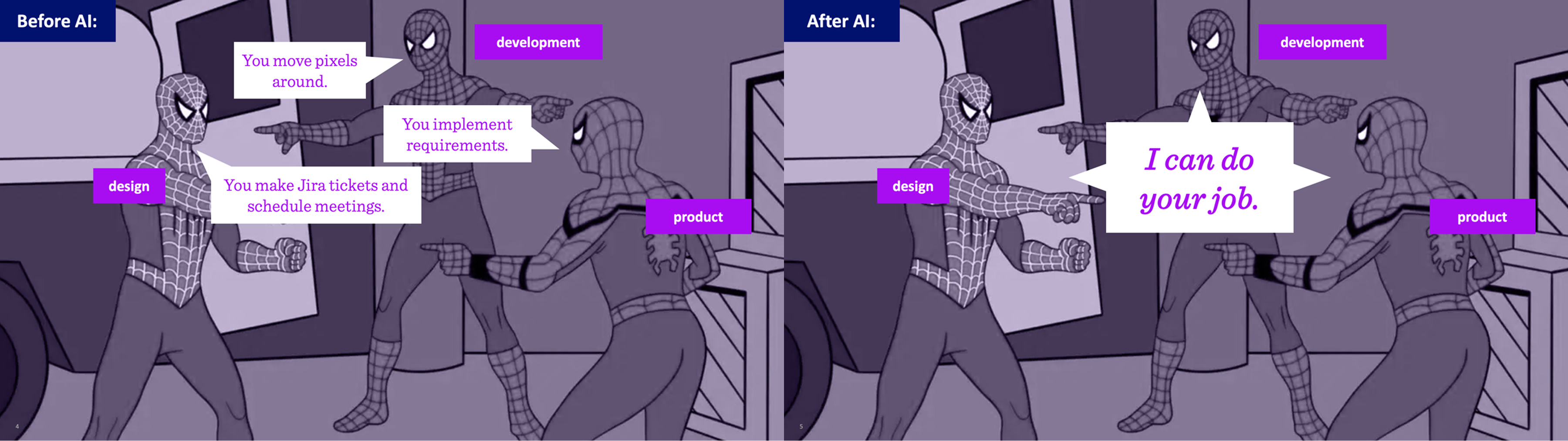 A meme with three Spidermen pointing at each other, representing the product, engineering, design triad.